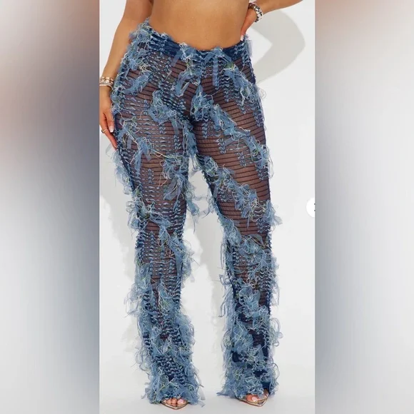 Stylish Blue Distressed Fringe Pants - Picture 3 of 3